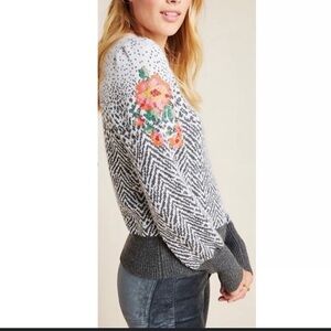 Anthropologie Black and White Patterned Sweater with Red Accents